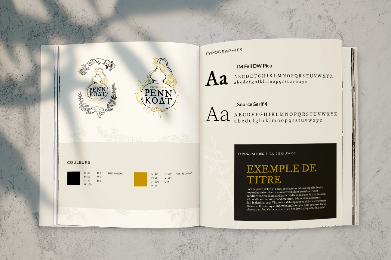 Identité visuelle réalisée pour la distillerie Penn Koat par la graphiste Mélanie Appéré.