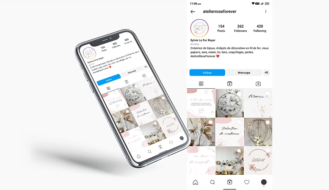 Mockup réseaux sociaux pour l'atelier Rose Forever réalisée par la graphiste Mélanie Appéré