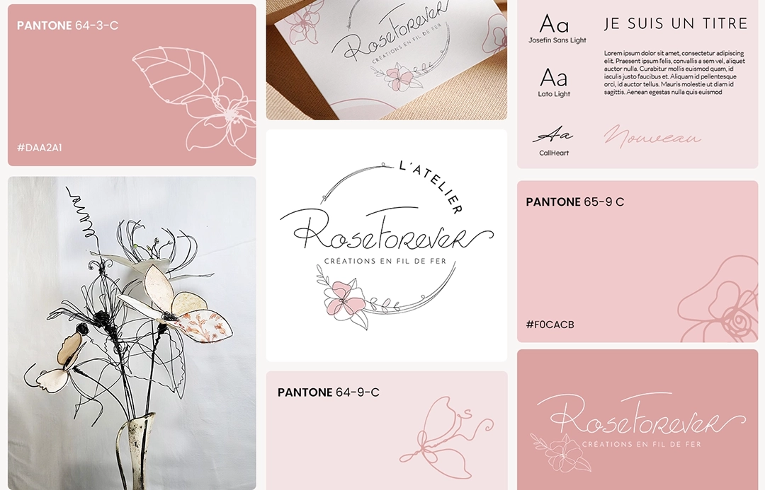 Identité visuelle réalisée pour l'atelier Rose Forever par la graphiste Mélanie Appéré.