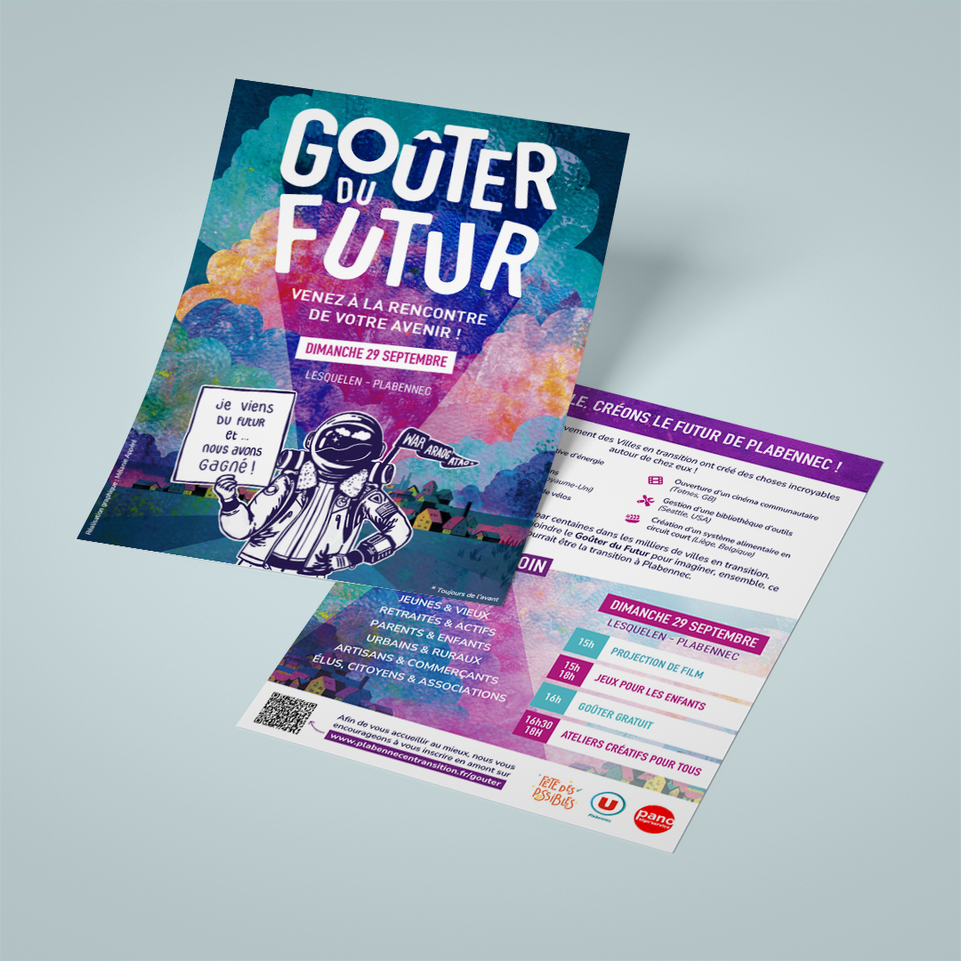 Flyer réalisé pour le goûter du Futur dans le cadre du développement de Plabennec en transition par la graphiste Mélanie Appéré