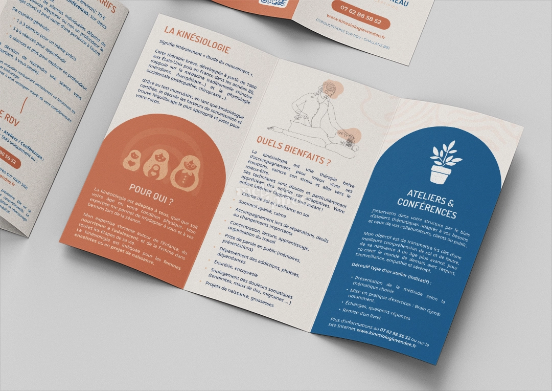 Dépliant 3 volets réalisé pour Patricia Cussonneau, kinésiologue, par la graphiste Mélanie Appéré.