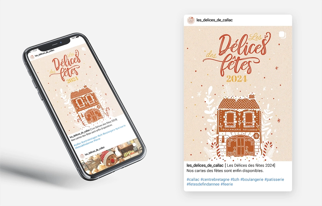 Carte des fêtes réalisée pour la boulangerie Les Délices de Callac, par la graphiste Mélanie Appéré