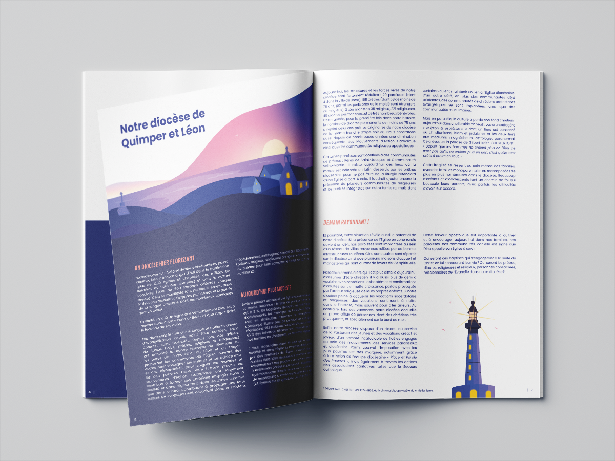 Brochure et illustrations réalisées pour les orientations diocésaines 2025 par la graphiste Mélanie Appéré.