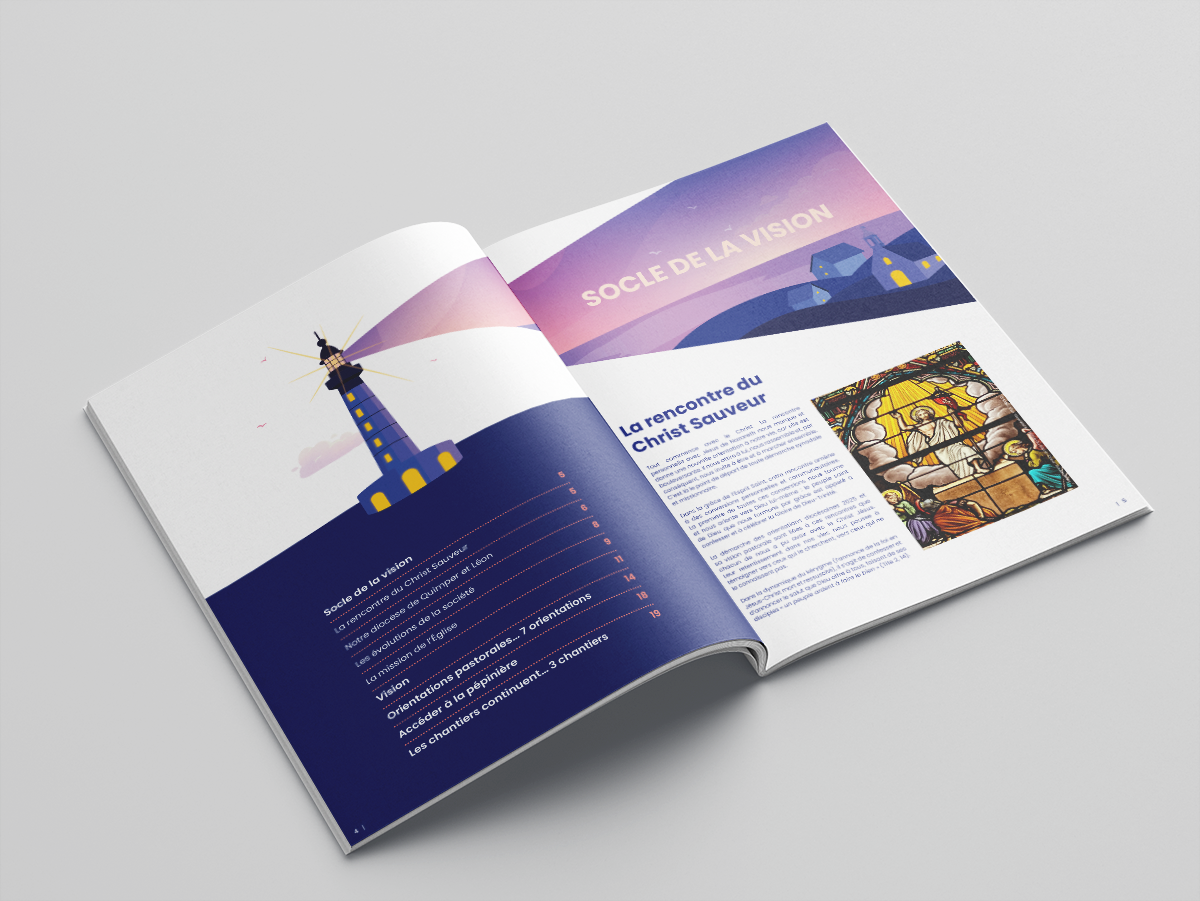 Brochure et illustrations réalisées pour les orientations diocésaines 2025 par la graphiste Mélanie Appéré.