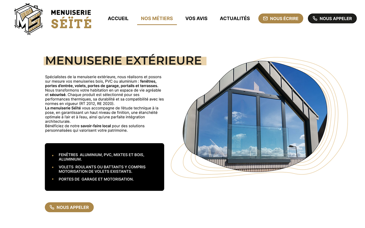 Webdesign réalisé pour le site de Menuiserie Séïté, par la graphiste Mélanie Appéré.