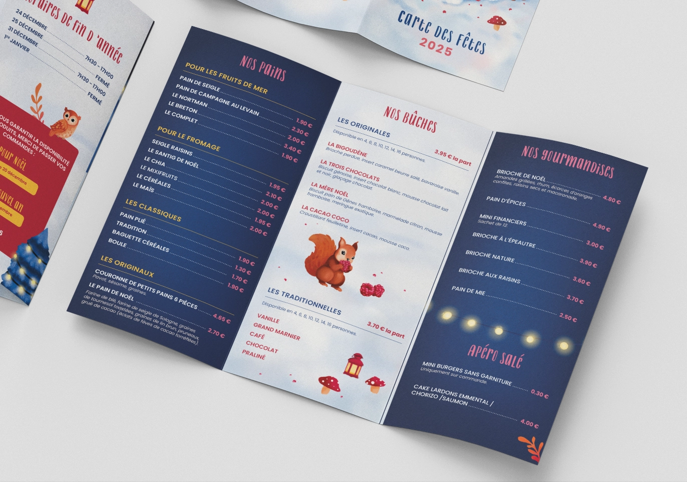 Carte des fêtes 2025 réalisée pour la boulangerie Les Délices de Callac, par la graphiste Mélanie Appéré