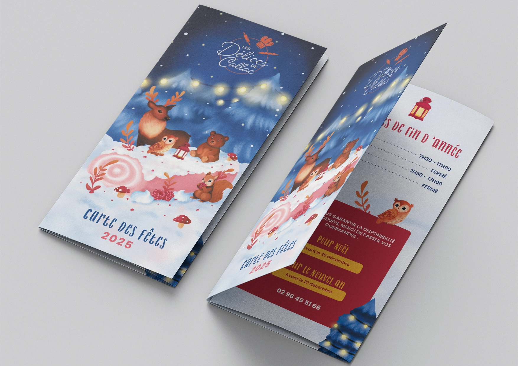 Carte des fêtes 2025 réalisée pour la boulangerie Les Délices de Callac, par la graphiste Mélanie Appéré