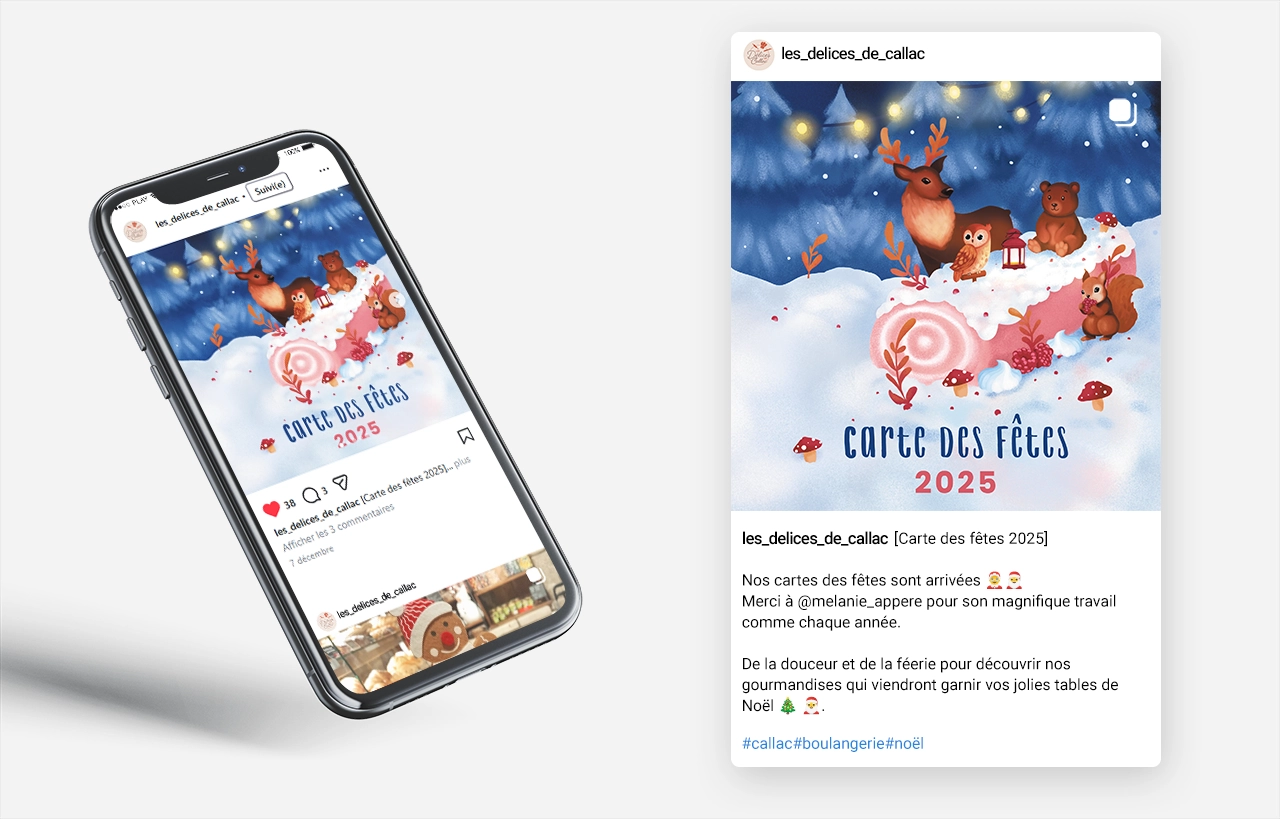 Carte des fêtes 2025 réalisée pour la boulangerie Les Délices de Callac, par la graphiste Mélanie Appéré