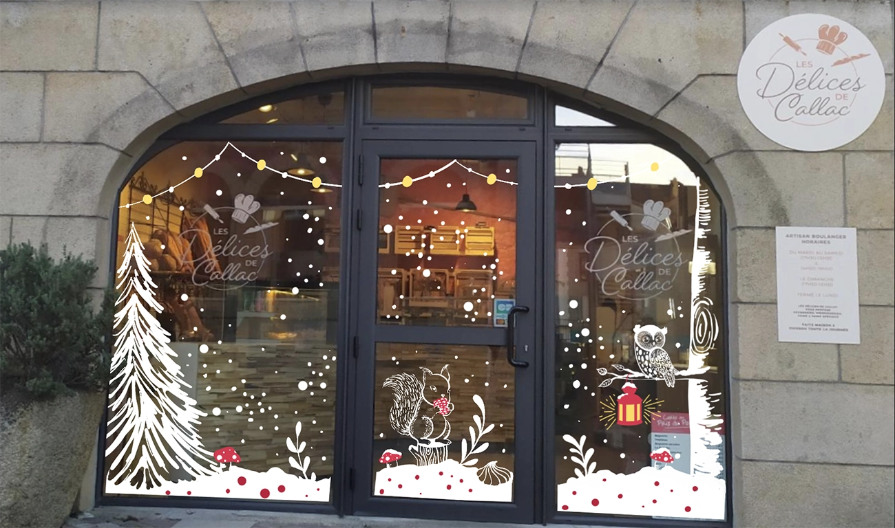Croquis réalisé pour la vitrine de la boulangerie-pâtisserie Les Délices de Callac par la graphiste Mélanie appéré