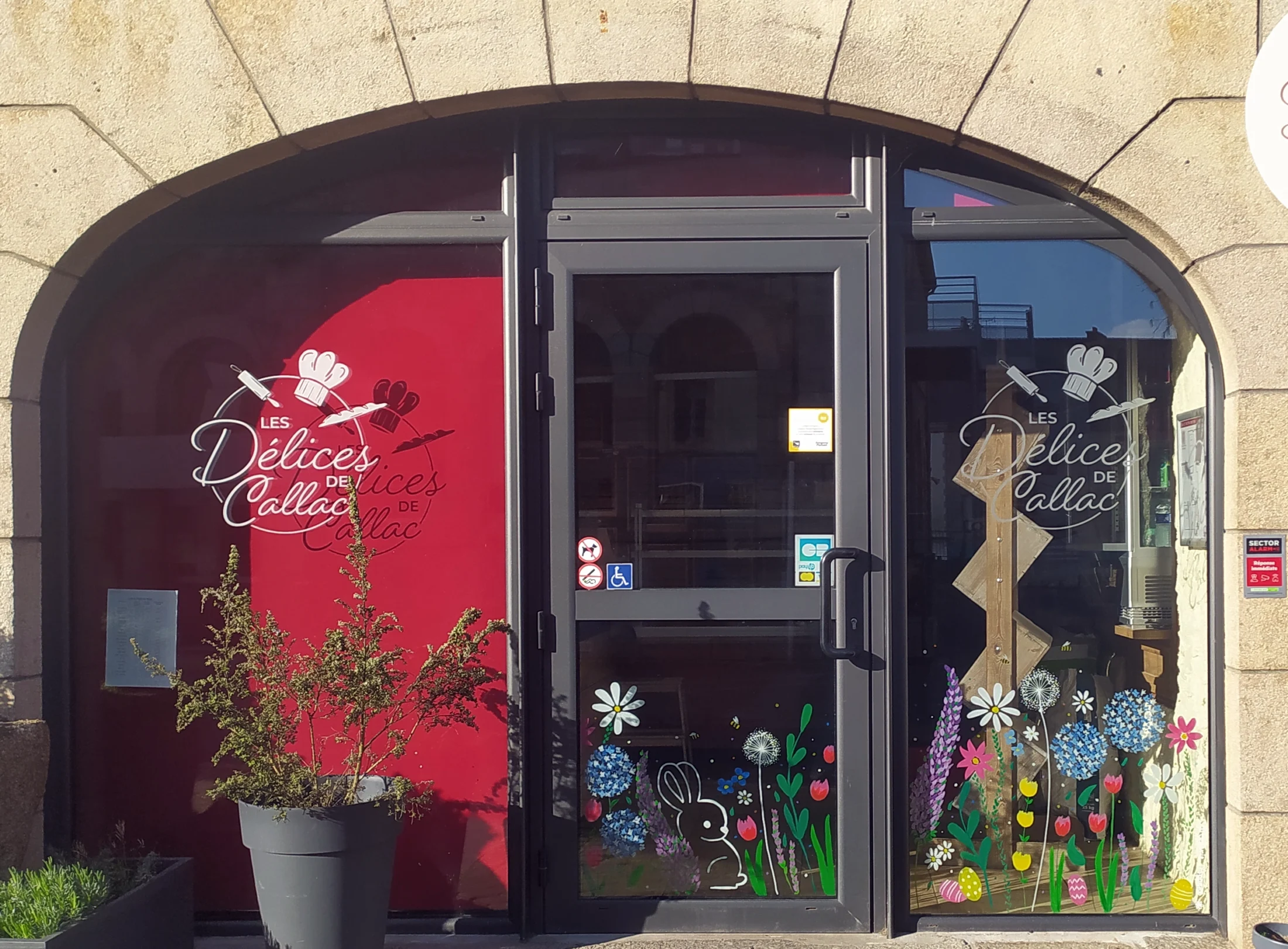 Peinture de printemps pour décorer la vitrine de la boulangerie-pâtisserie Les Délices de Callac par la graphiste Mélanie Appéré